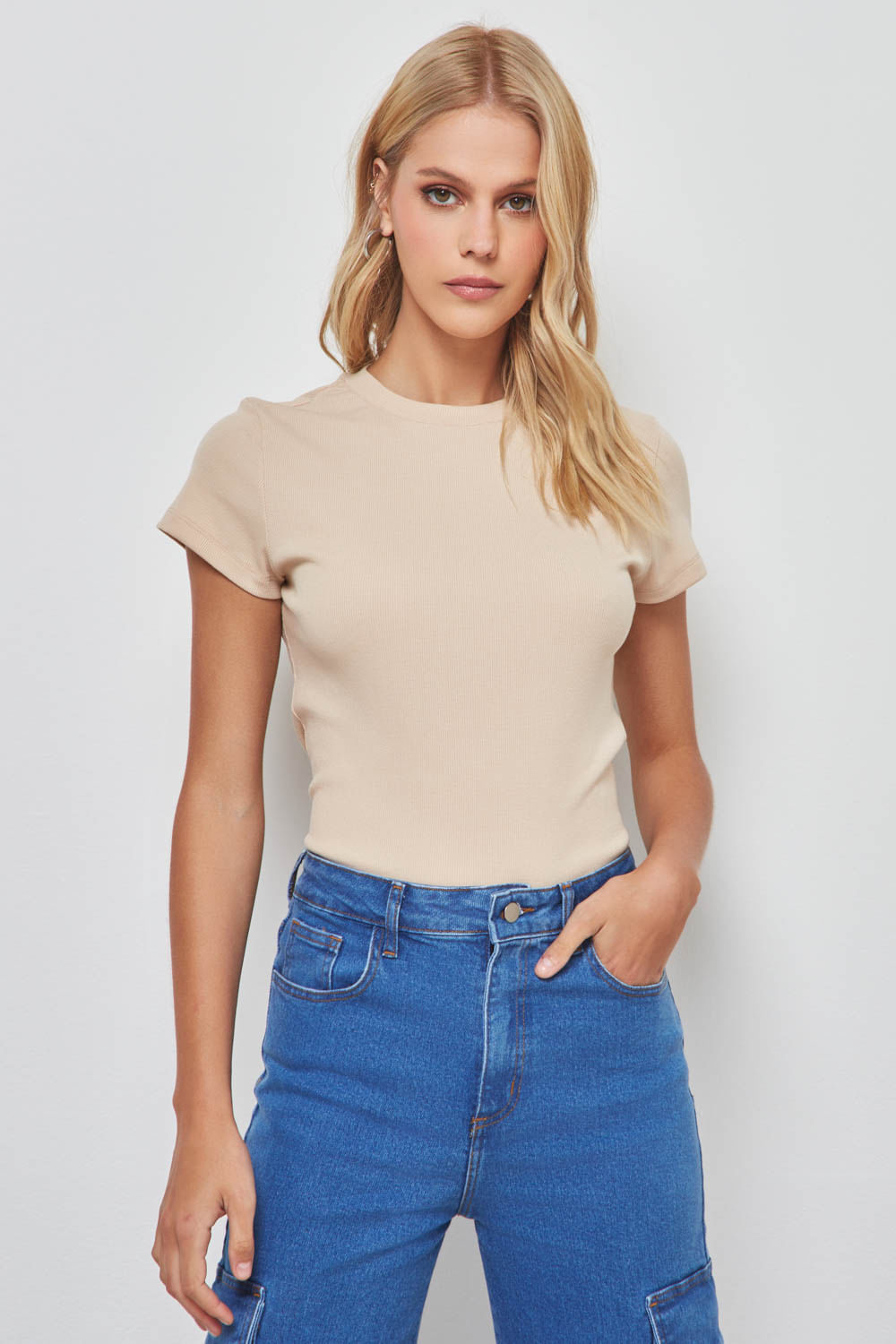 Basic Nude Crew Neck Fitted T Shirt